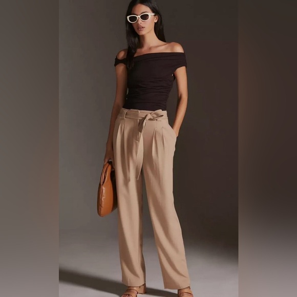 Anthro Maeve New Size 6 Tan Soft Tailored Belted Pleated Wide Leg Trouser Pants
